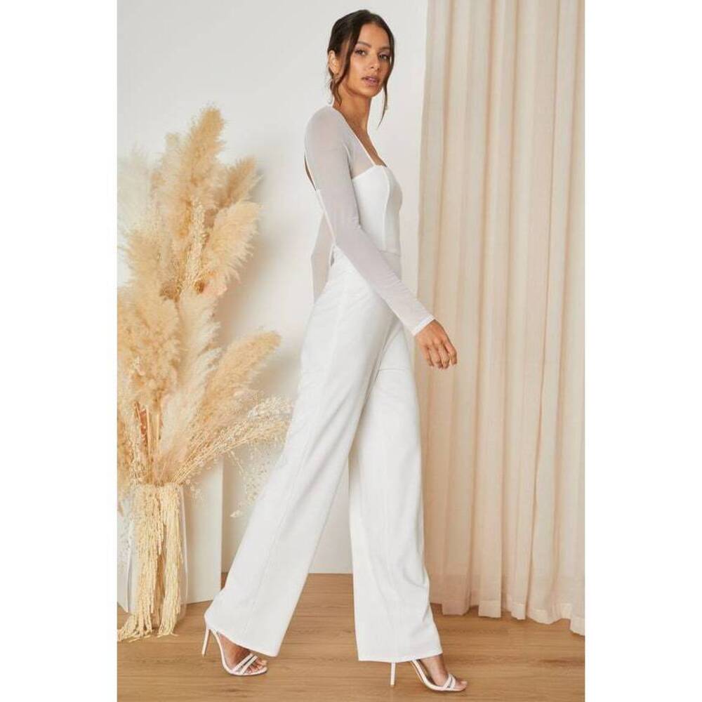 Lulus Lovingly Yours White Mesh Long Sleeve Jumpsuit - Size L